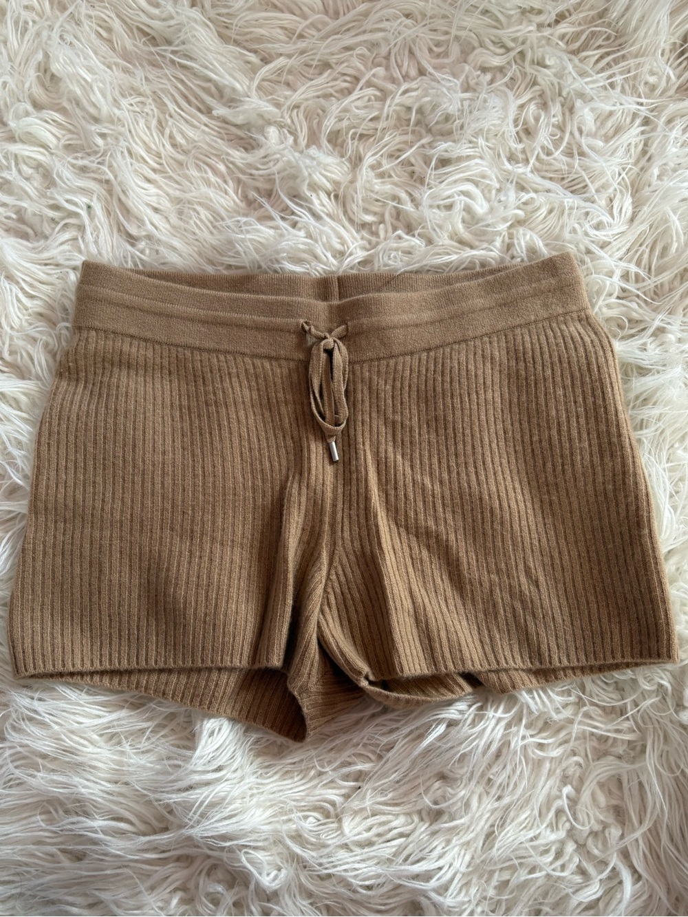 Naadam Luxe 100% Cashmere Ribbed Knit Lounge Shorts Tan Size S